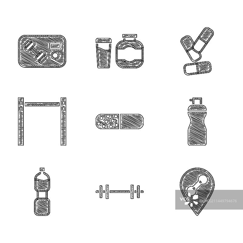 维生素药丸杠铃健身房运动组合图片素材