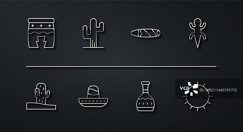 huehuetl鼓、仙人掌、蜥蜴、龙舌兰酒瓶的线条集合图片素材