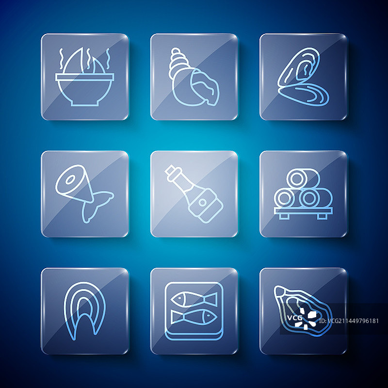 鱼排、罐头鱼、贻贝和酱油图标图片素材