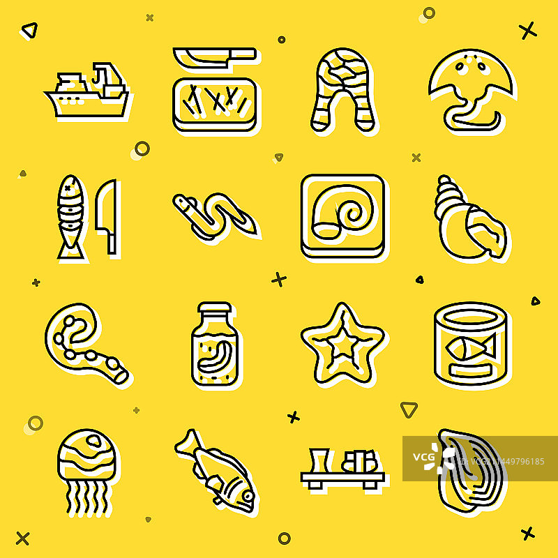 贻贝扇贝海螺罐头鱼线条组合图片素材