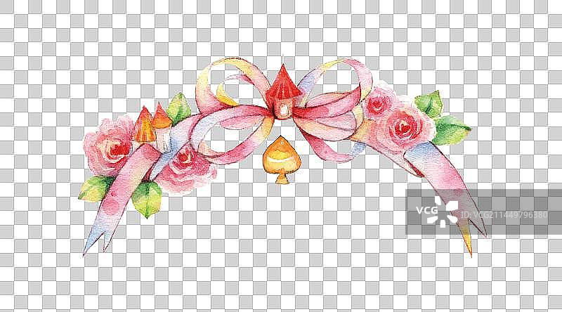 水彩手绘彩色装饰蝴蝶结玫瑰鲜花丝带装饰画图片素材