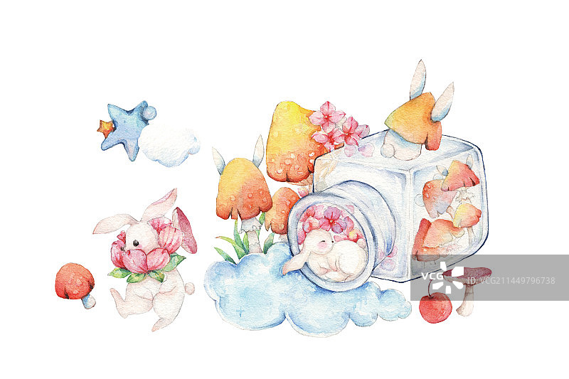 清新水彩手绘童话故事玻璃瓶子云朵蘑菇王国和两只可爱的小白兔插画图片素材