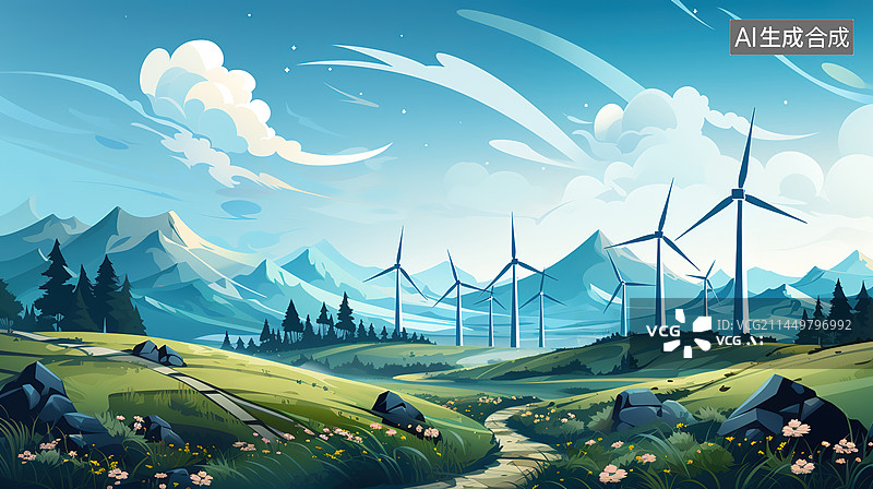 【AI数字艺术】草原上的风力发电站和路图片素材