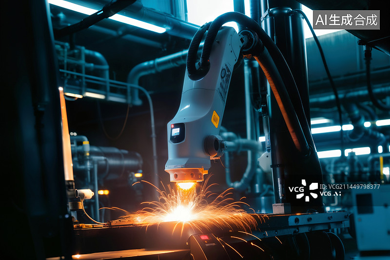 【AI数字艺术】现代化工厂里的自动焊接机器手臂图片素材