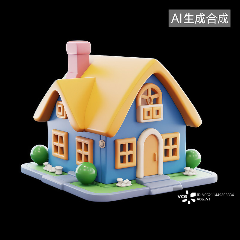 【AI数字艺术】卡通房子的3D渲染，房地产概念插图图片素材