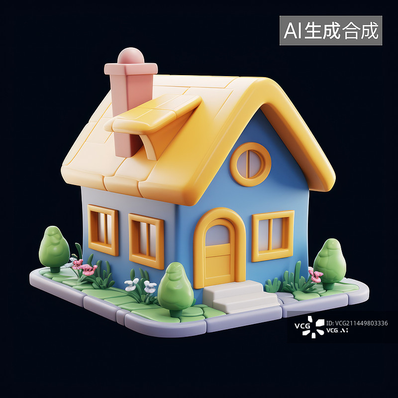 【AI数字艺术】卡通房子的3D渲染，房地产概念插图图片素材