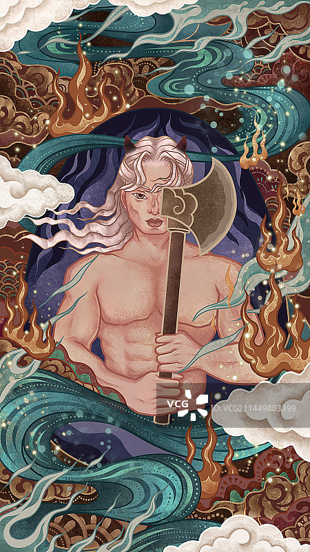 国潮风上古神话盘古开天地插画图片素材