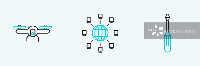 线条集：螺丝刀、飞行无人机和社交媒体图片素材