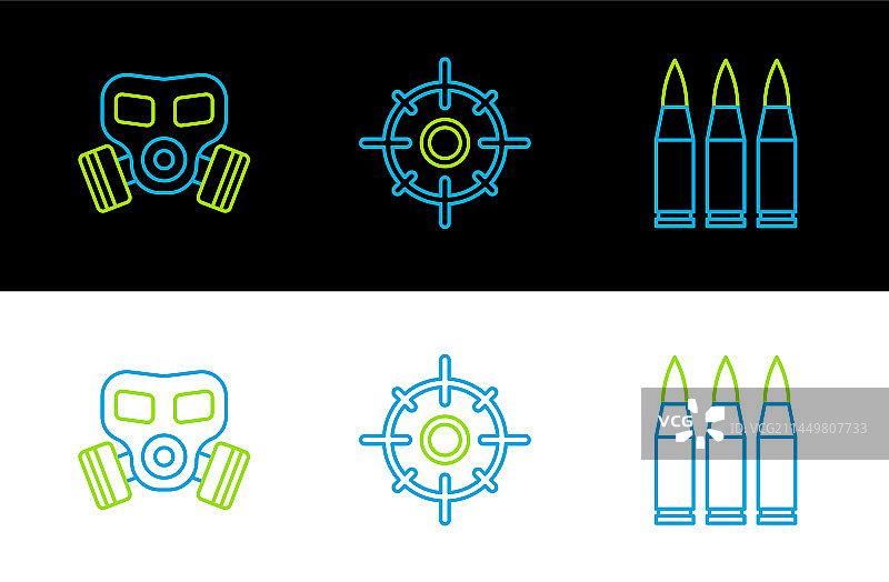 子弹、防毒面具和目标运动图标线条集图片素材