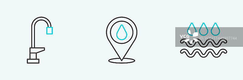 线性图标集：水滴波纹与水龙头图片素材