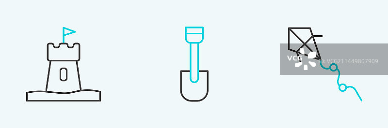 风筝、沙塔和铲子玩具图标的线条集合图片素材