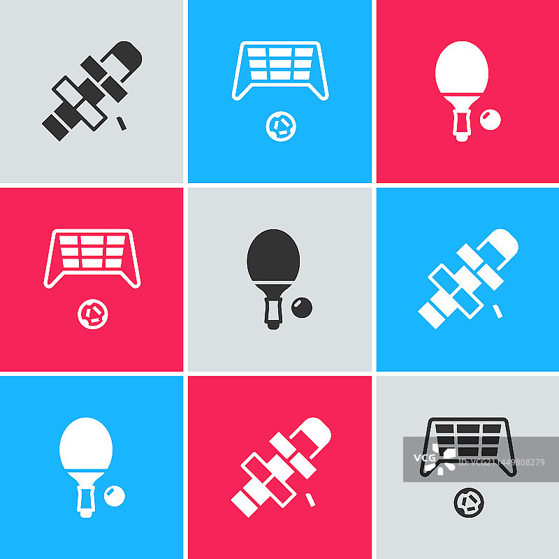 足球门与球和球拍跳房子组合图片素材