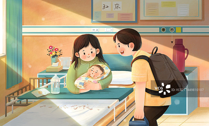 妇产科孕妇与婴儿与父亲温馨插画图片素材