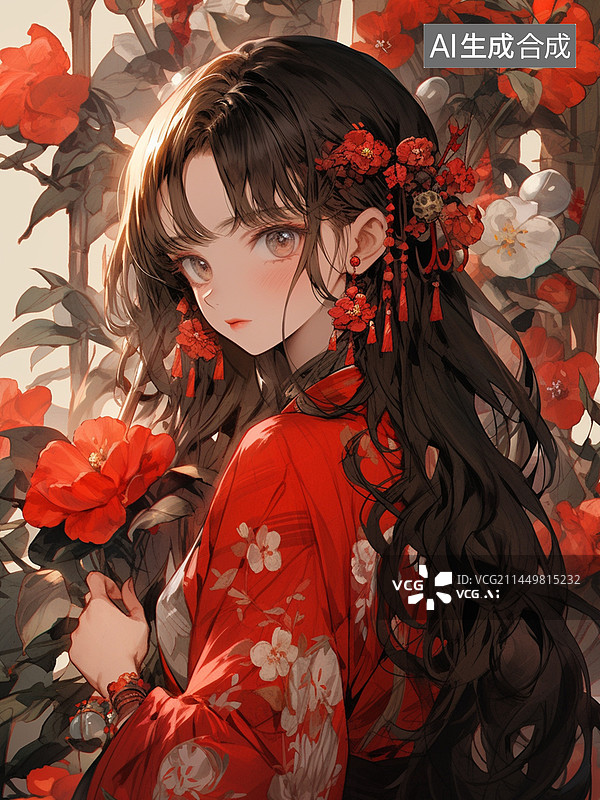 【AI数字艺术】人物立绘之古风红衣半身女子图片素材