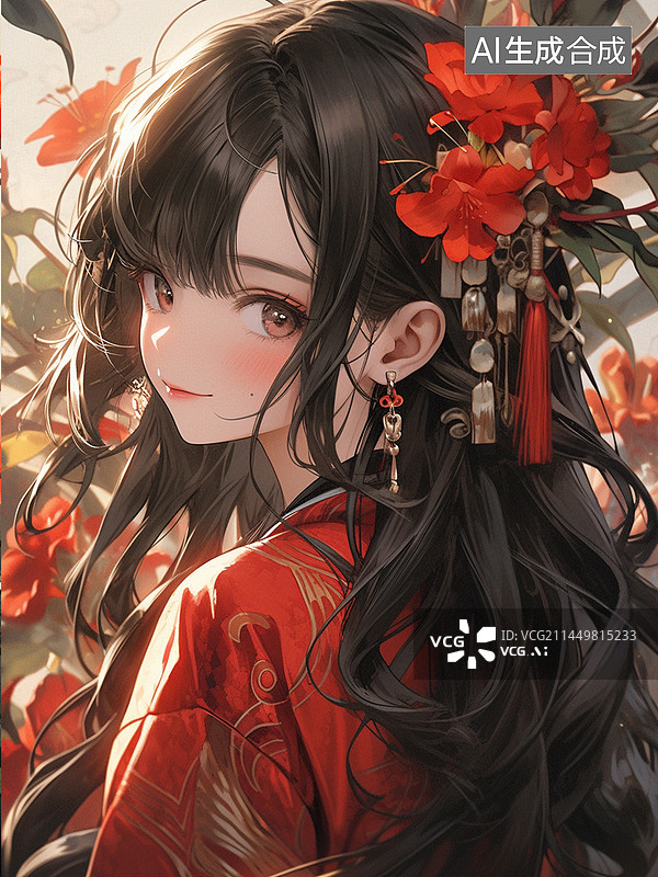 【AI数字艺术】人物立绘之古风红衣半身女子图片素材