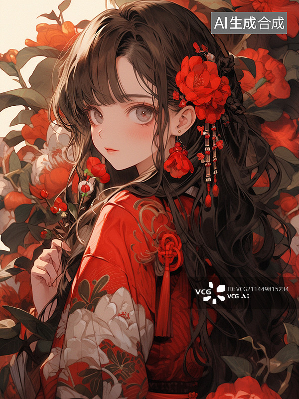 【AI数字艺术】人物立绘之古风红衣半身女子图片素材