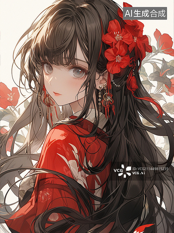 【AI数字艺术】人物立绘之古风红衣半身女子图片素材