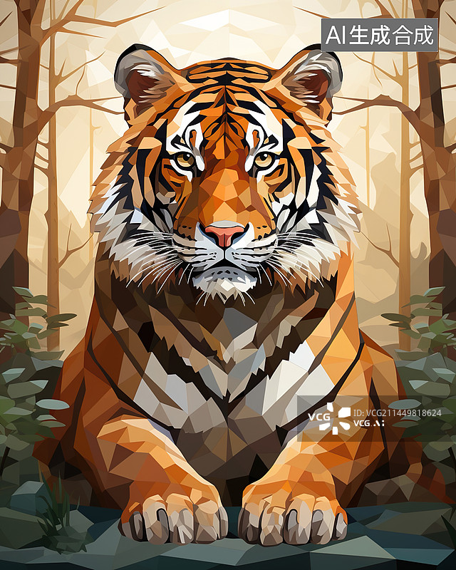 【AI数字艺术】低多边形水彩风格老虎插画背景配图图片素材