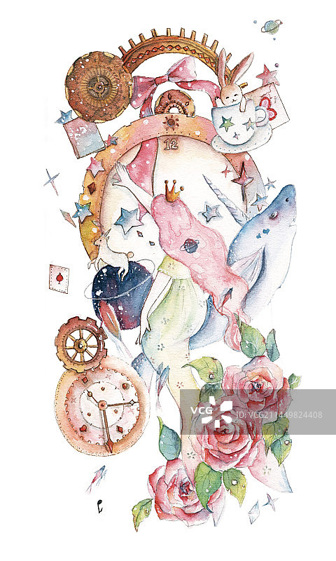 水彩手绘海的女儿美人鱼和鲜花时间齿轮穿越故事的插画图片素材