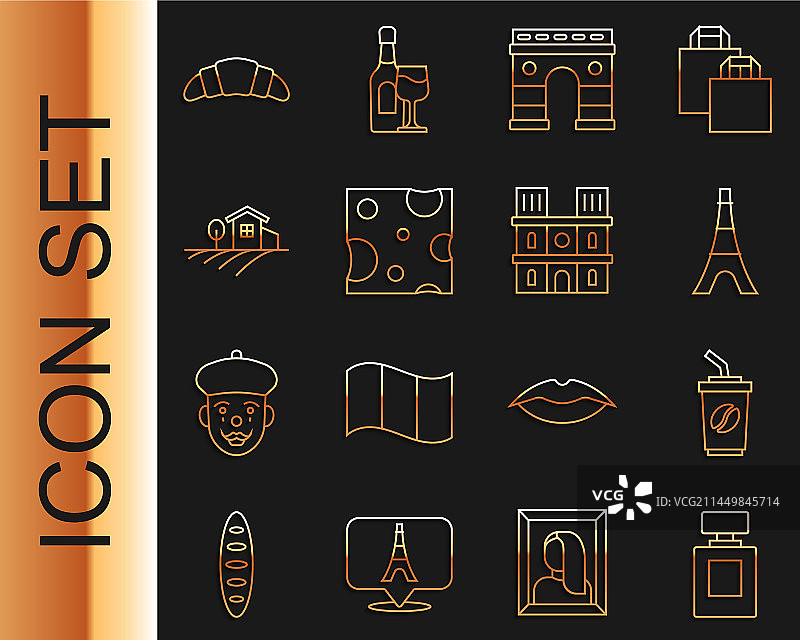 线性香水外带咖啡埃菲尔铁塔图标集图片素材