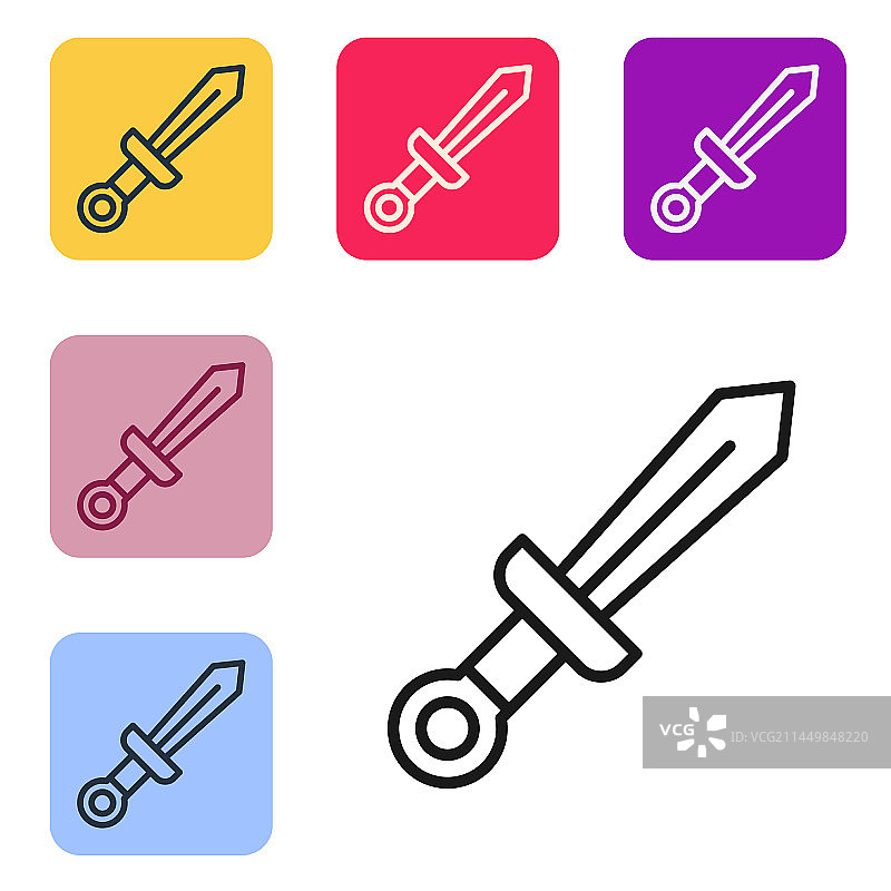 白色背景上孤立的黑色线条中世纪剑图标图片素材