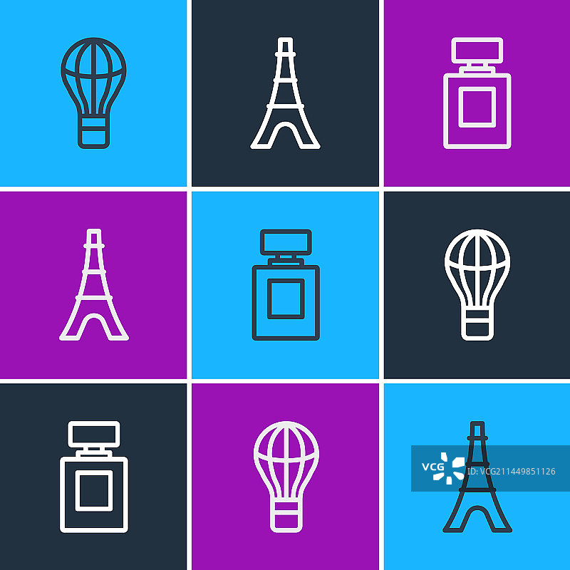 热气球、香水和埃菲尔铁塔线条设计图片素材