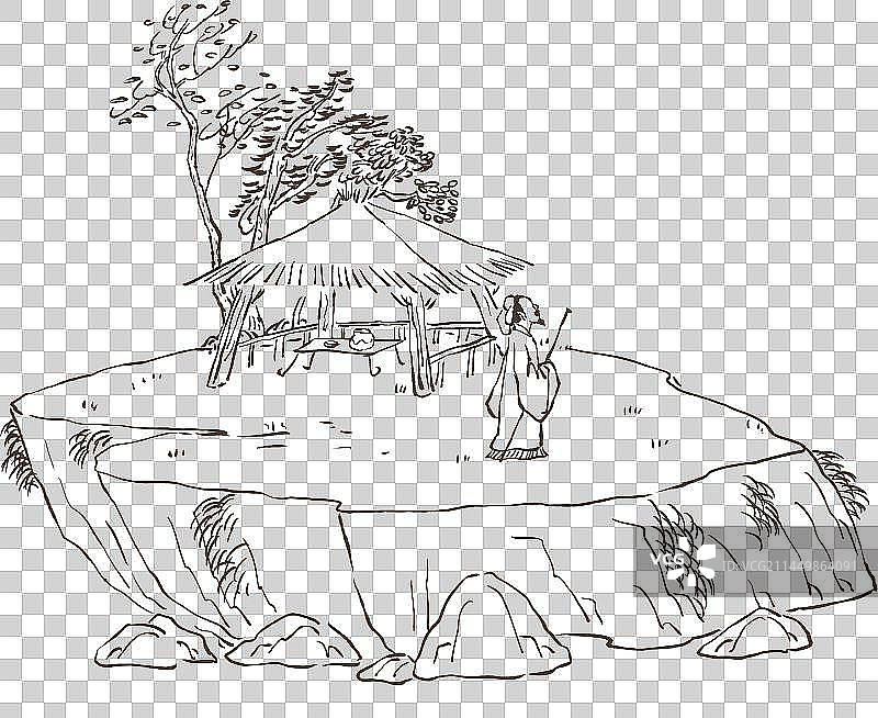 古诗配图线条画悠闲散步的诗人风景人物元素图片素材