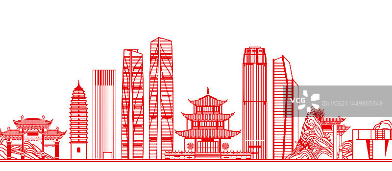 剪纸风格云南昆明城市建筑插画图片素材