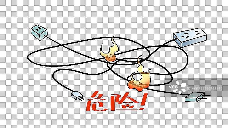 缠绕在一起的老旧破损电线起火，卡通手绘消防安全宣传教育系列素材图片素材