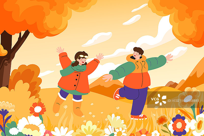 卡通秋季秋分踏秋旅行自然风景户外景观登高重阳节老人亲子家人秋天风光郊游生活休闲城市古建筑渐变矢量插画图片素材