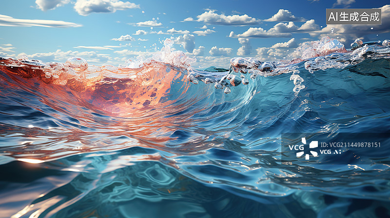 【AI数字艺术】蓝天白云下水面水波荡漾背景图片素材
