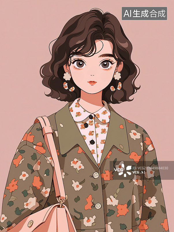 【AI数字艺术】80年代港式穿搭风格的美丽女孩插画图片素材