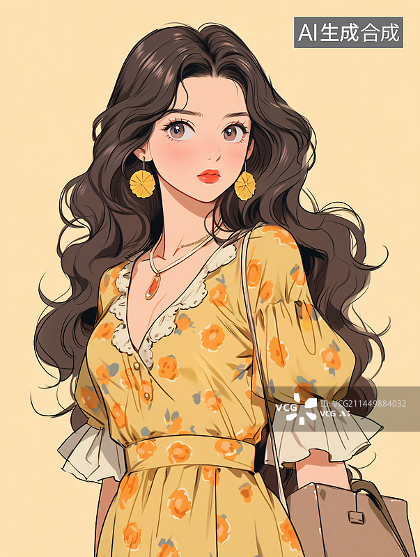 【AI数字艺术】80年代港式穿搭风格的美丽女孩插画图片素材