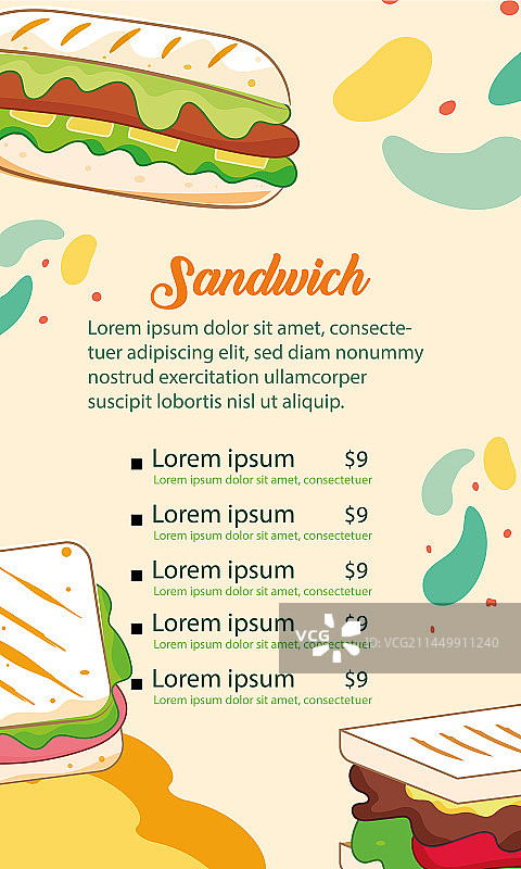 彩色快餐菜单，含各种三明治图片素材