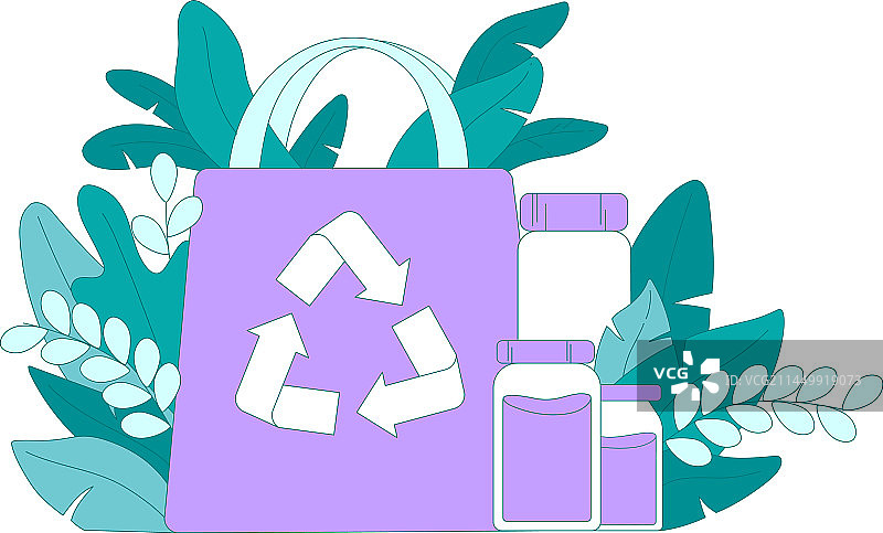 可重复使用的购物袋和瓶子与生长图片素材