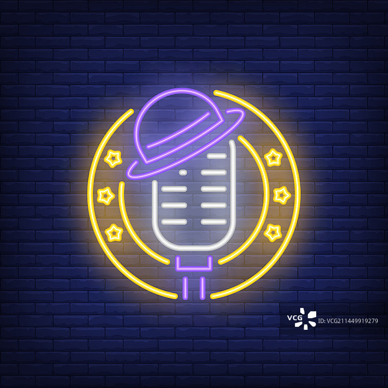 带有帽子的麦克风舞台霓虹灯图标图片素材