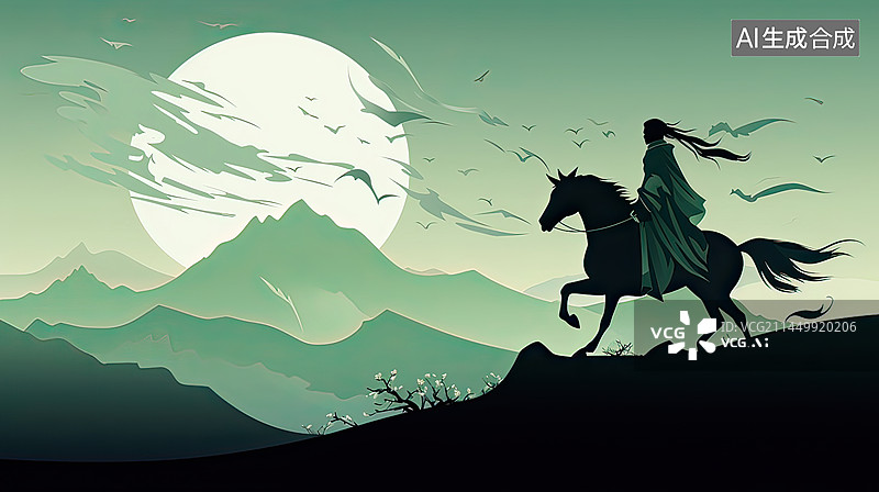 【AI数字艺术】仗剑走天涯，虚拟的绿色背景侠客图片素材