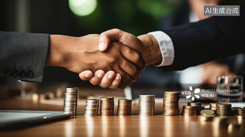 【AI数字艺术】桌上堆叠硬币的小猪银行特写，存钱罐省钱金融概念背景图片素材