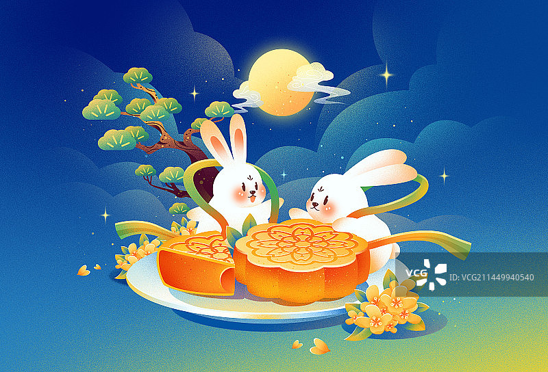 中秋节卡通兔子和月饼图片素材