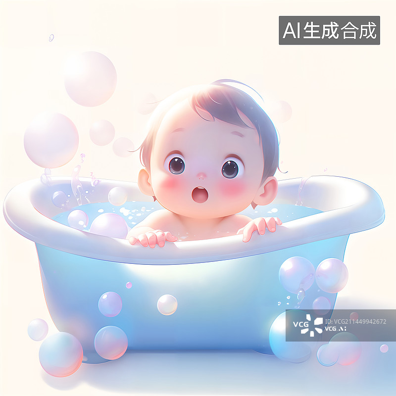 【AI数字艺术】小宝宝在浴盆里洗澡泡泡治愈插画图片素材