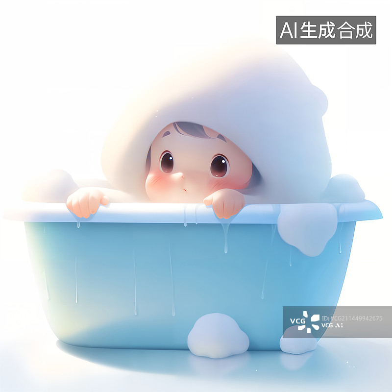 【AI数字艺术】小宝宝在浴盆里洗澡治愈插画图片素材
