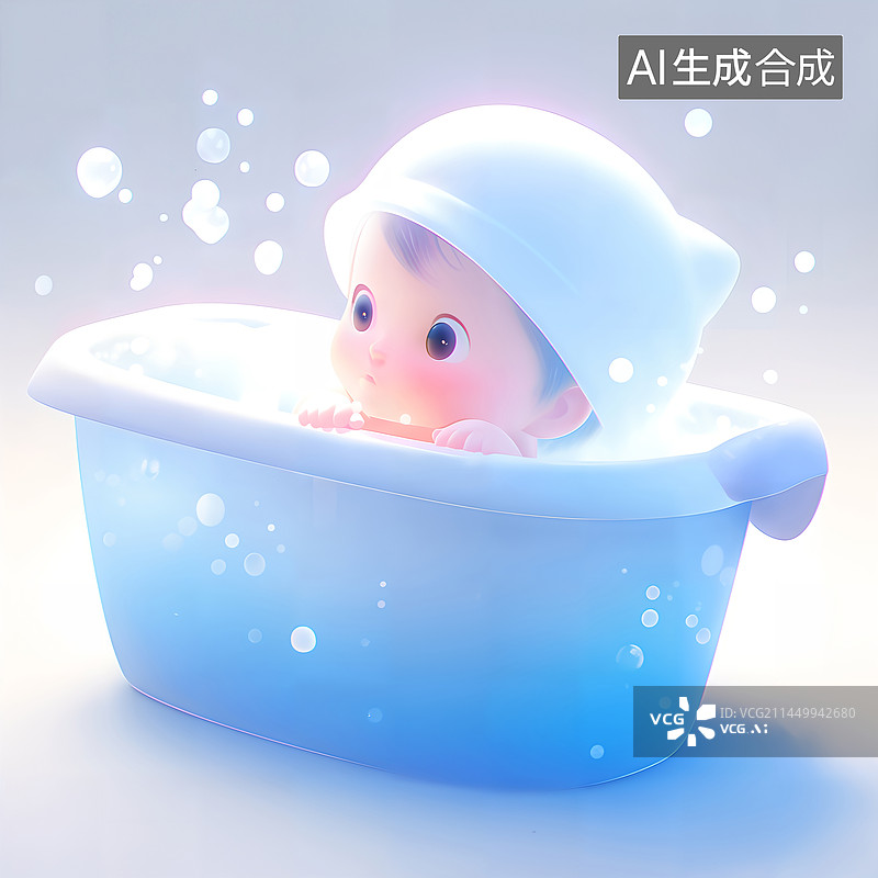 【AI数字艺术】小宝宝在浴盆里洗澡治愈插画图片素材