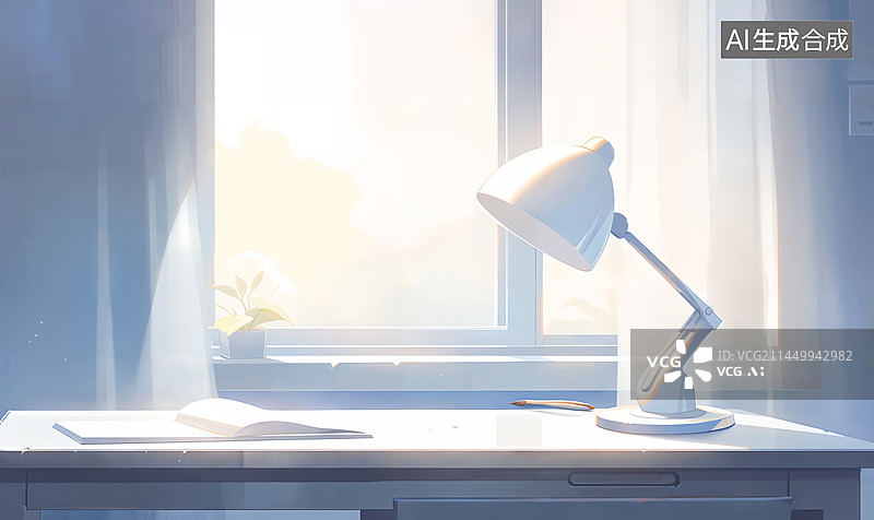 【AI数字艺术】台灯书桌窗帘阳光扁平插画图片素材