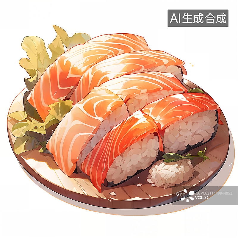 【AI数字艺术】三文鱼寿司放在盘子里食物插画图片素材