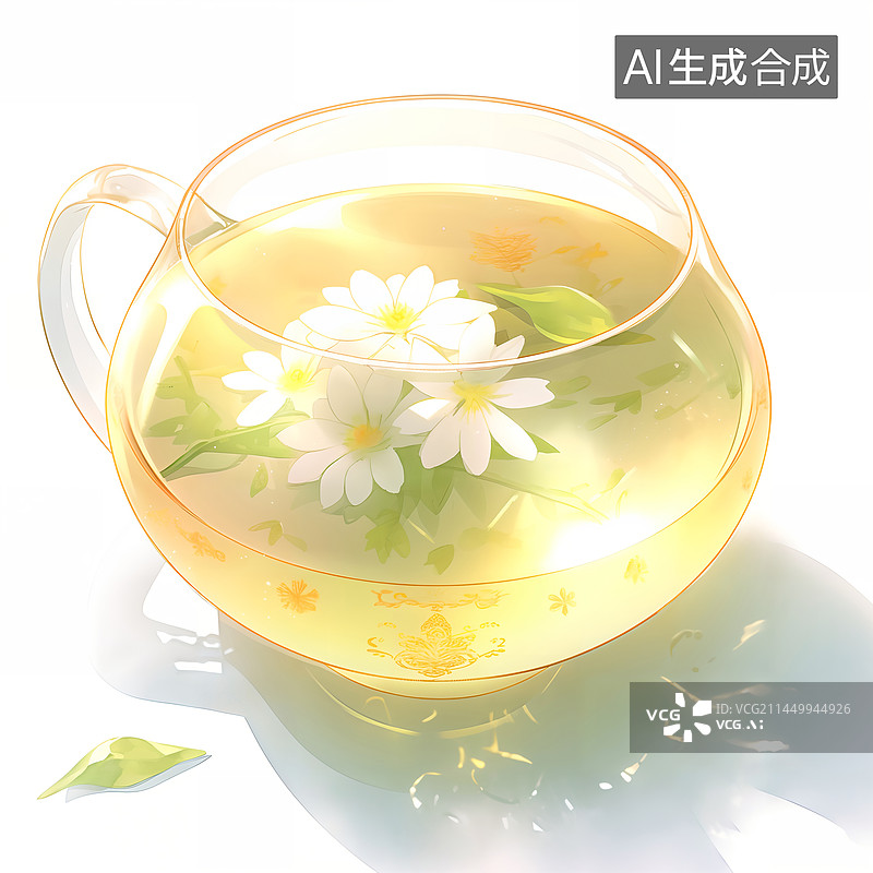 【AI数字艺术】白菊花茶玻璃杯白色背景插画图片素材