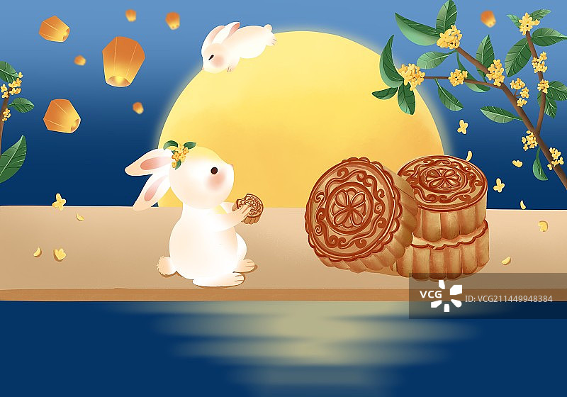 中秋节玉兔吃着月饼赏月图片素材