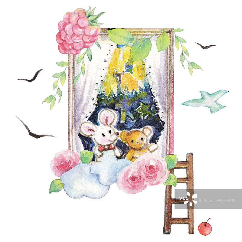 水彩手绘插画两只可爱的小动物在复古带梯子的阁楼窗户边看着远方图片素材