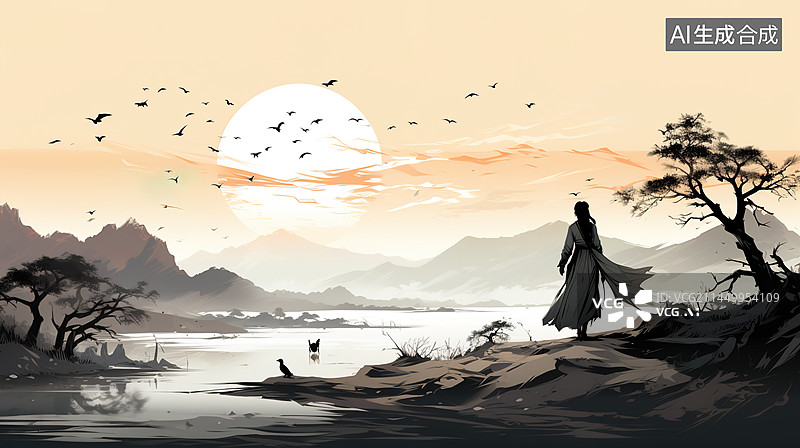 【AI数字艺术】中国古风水墨侠客仗剑走天涯图片素材