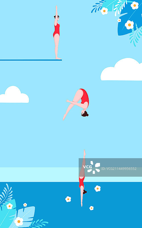 清新扁平插画一个女青年在跳水图片素材