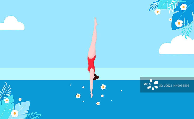 清新扁平插画一个女青年在跳水图片素材